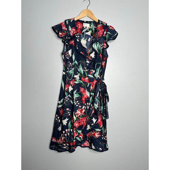hi there from Karen Walker Women's Navy Floral Faux Wrap Dress Size‎ L NWT - Picture 1 of 9